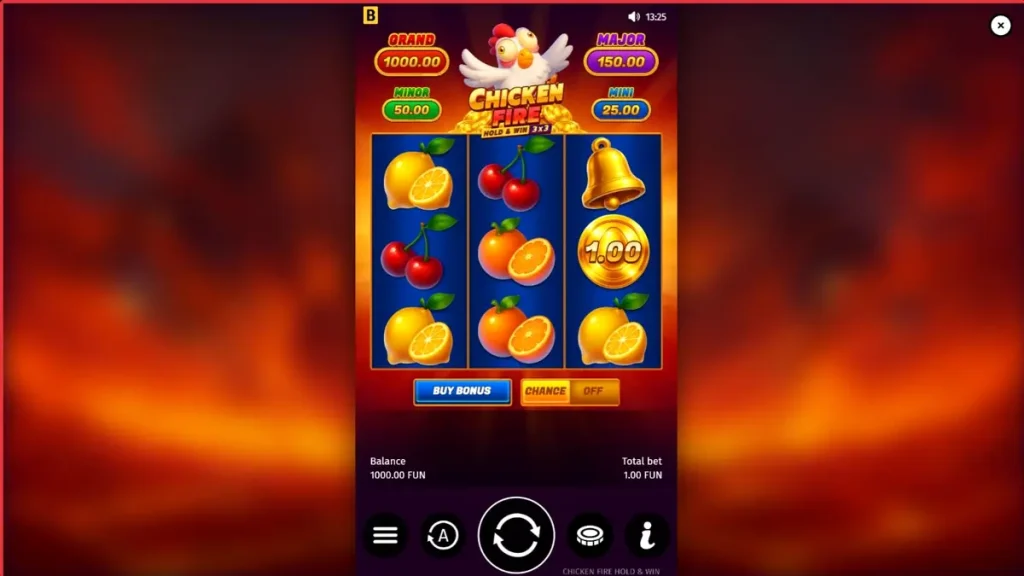 Tampilan visual slot Chicken Fire dengan simbol buah klasik dan karakter ayam kartun