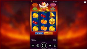 Tampilan visual slot Chicken Fire dengan simbol buah klasik dan karakter ayam kartun